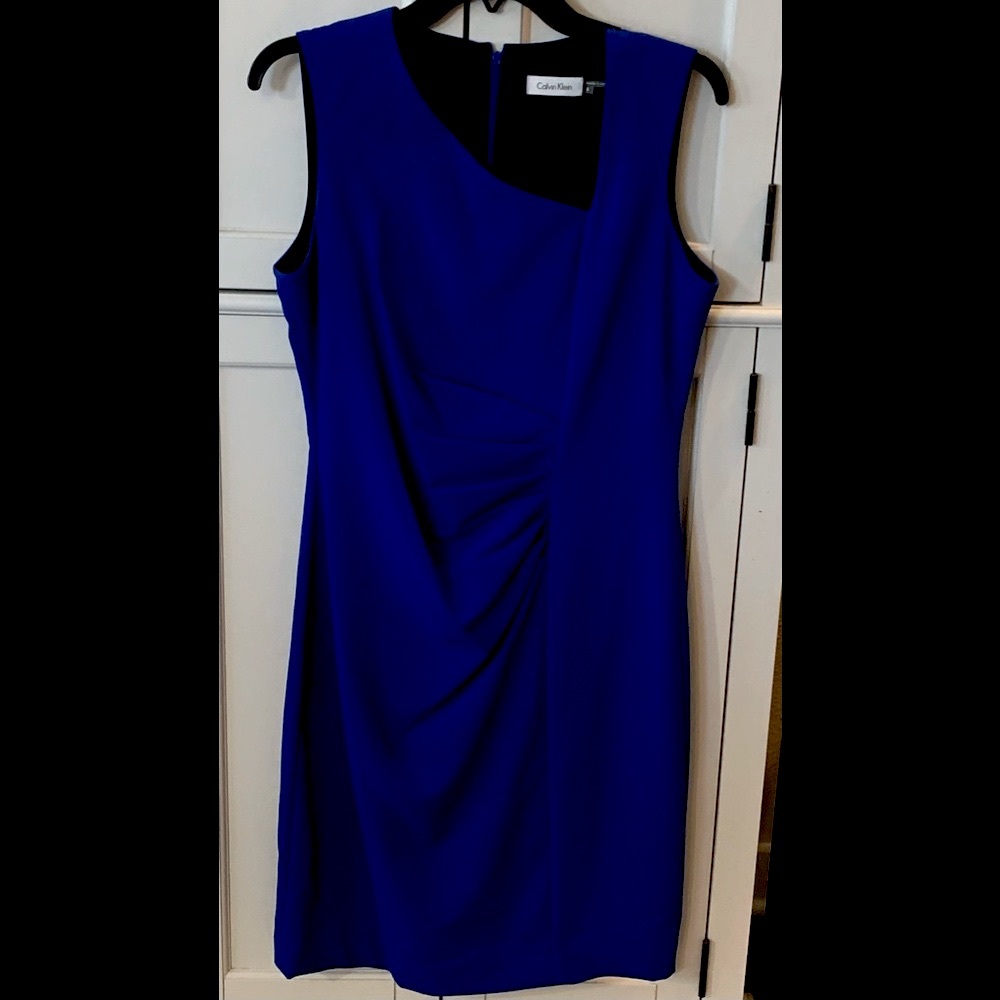 Calvin Klein Blue Sheath Dress with an asymmetrical neckline. Size 8-Worn once!